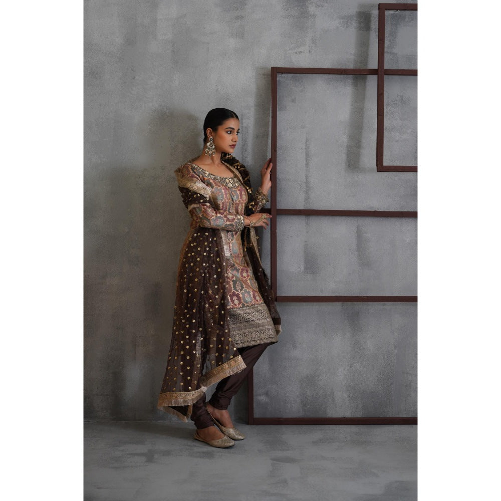 Deepika Chadha Brown Brocade Kurta with Churidar and Dupatta (Set of 3)