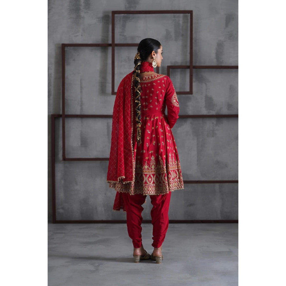Deepika Chadha Red Embroidered Anarkali with Dhoti and Dupatta (Set of 3)
