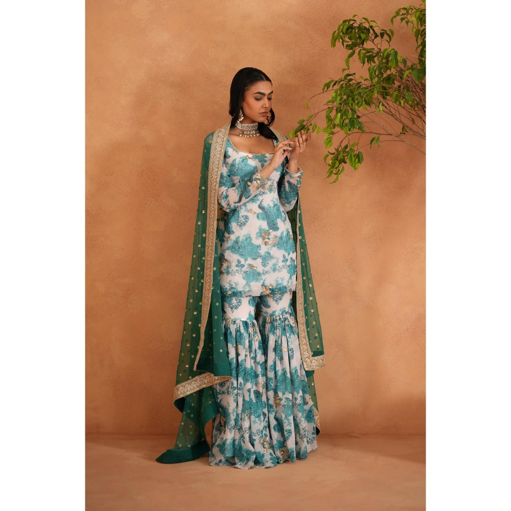 Deepika Chadha Blue Printed Kurti with Sharara and Dupatta (Set of 3)