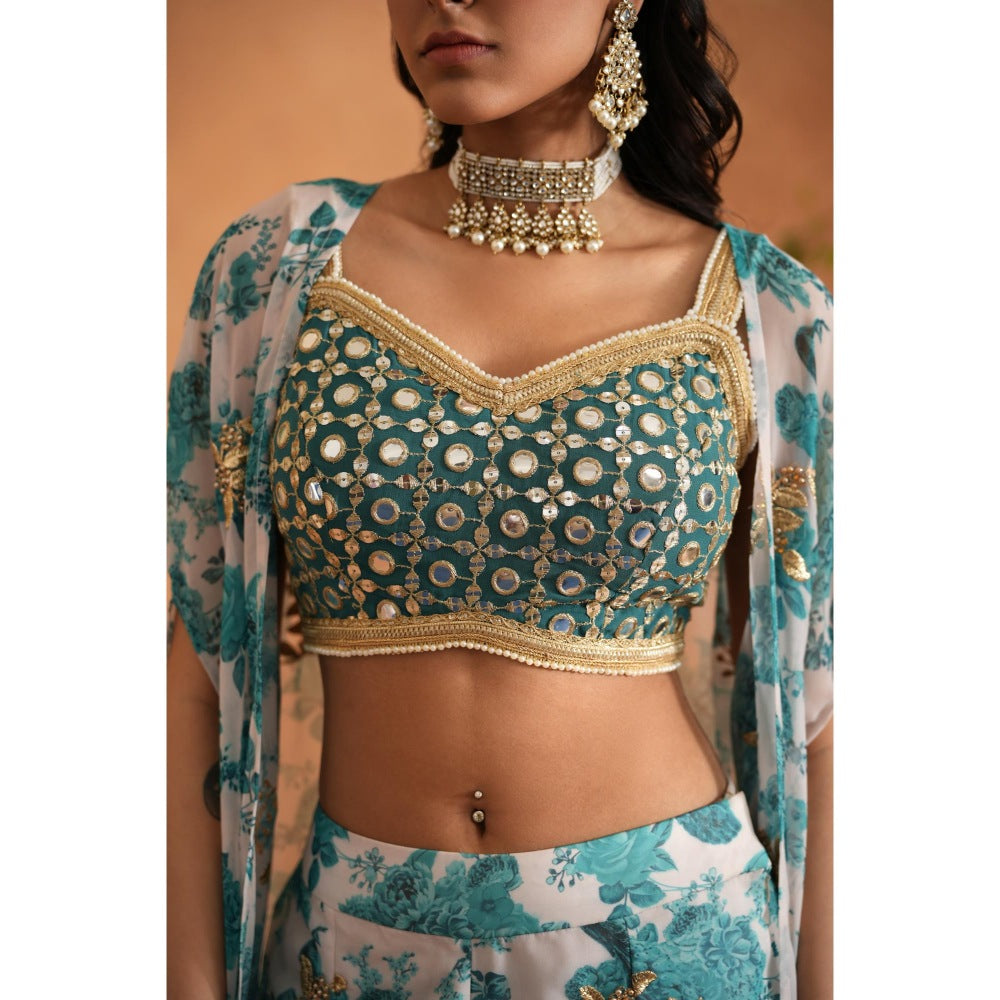 Deepika Chadha Blue Mirror Blouse with Shara and Cape (Set of 3)