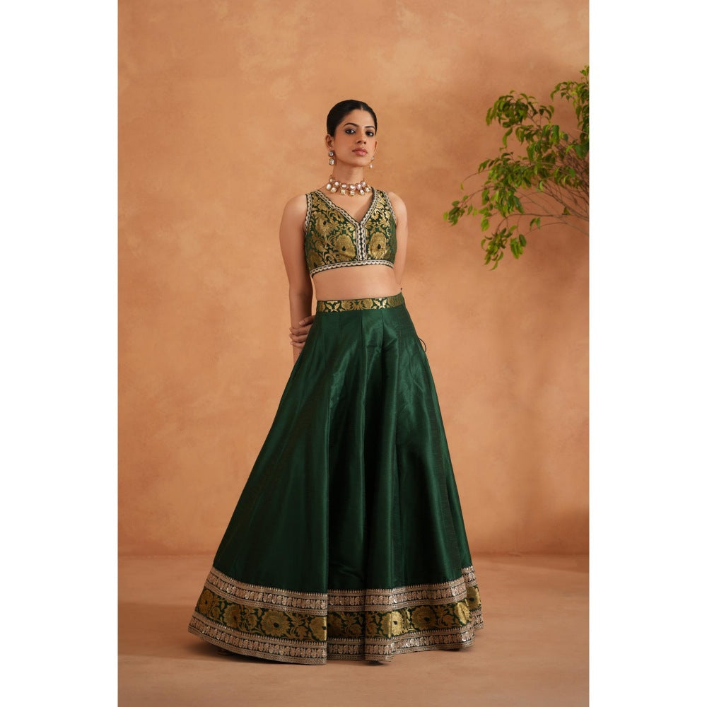 Deepika Chadha Bottle Green Brocade Blouse with Lehenga and Dupatta (Set of 3)