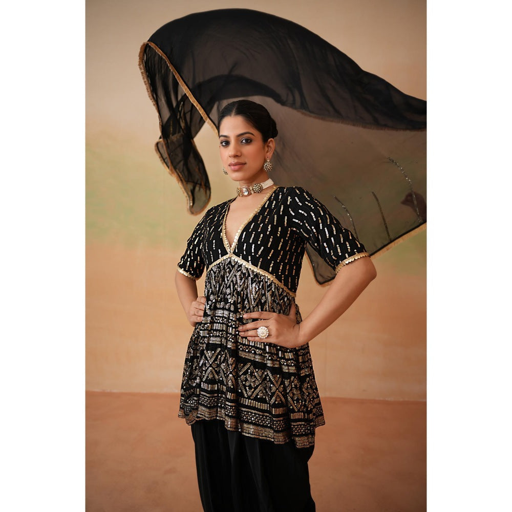 Deepika Chadha Black Embroidery Fabric Peplum Top with Dhoti and Dupatta (Set of 3)