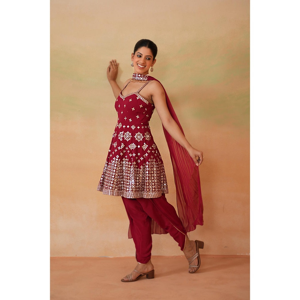 Deepika Chadha Maroon Embroidery Peplum Top with Dhoti and Choker Dupatta (Set of 3)