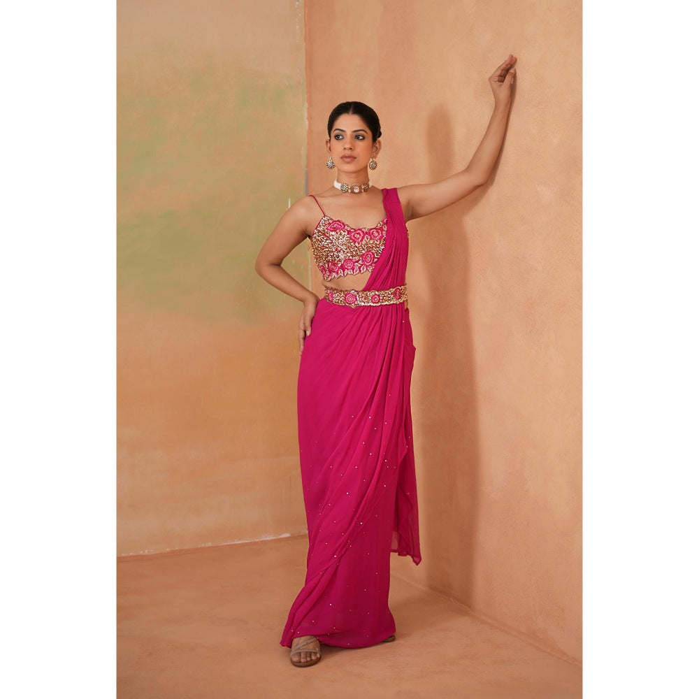 Deepika Chadha Pink Embroidered Pre-Drape Saree with Stitched Blouse and Belt