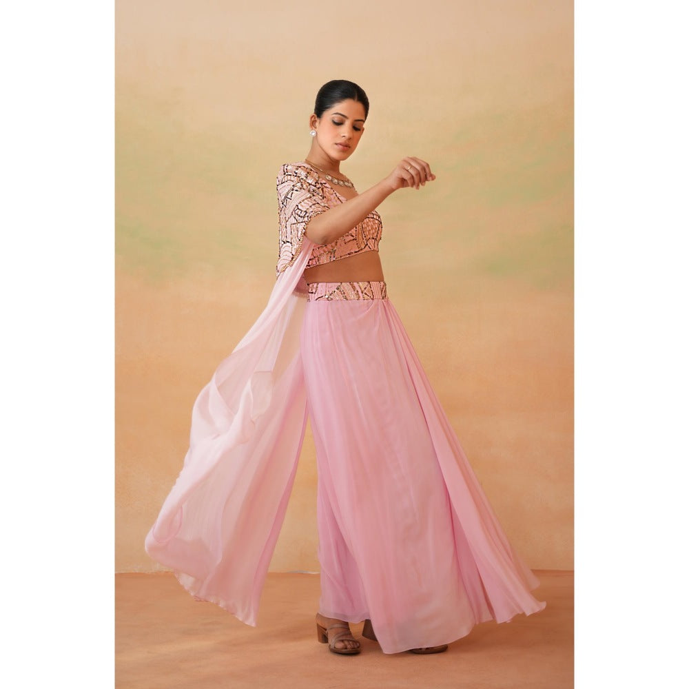 Deepika Chadha Light Pink Embroidery Blouse with Drape Skirt and Cape (Set of 3)