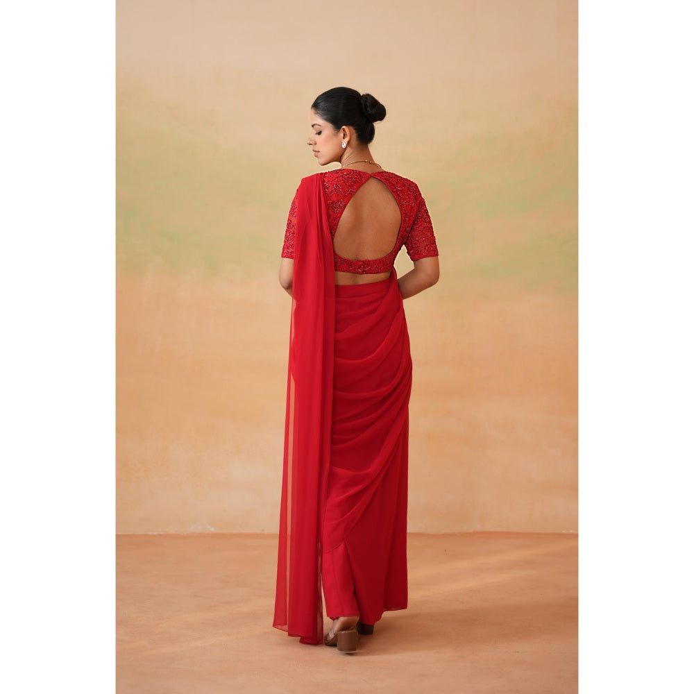Deepika Chadha Red Embroidered Pre-Draped Saree with Stitched Blouse