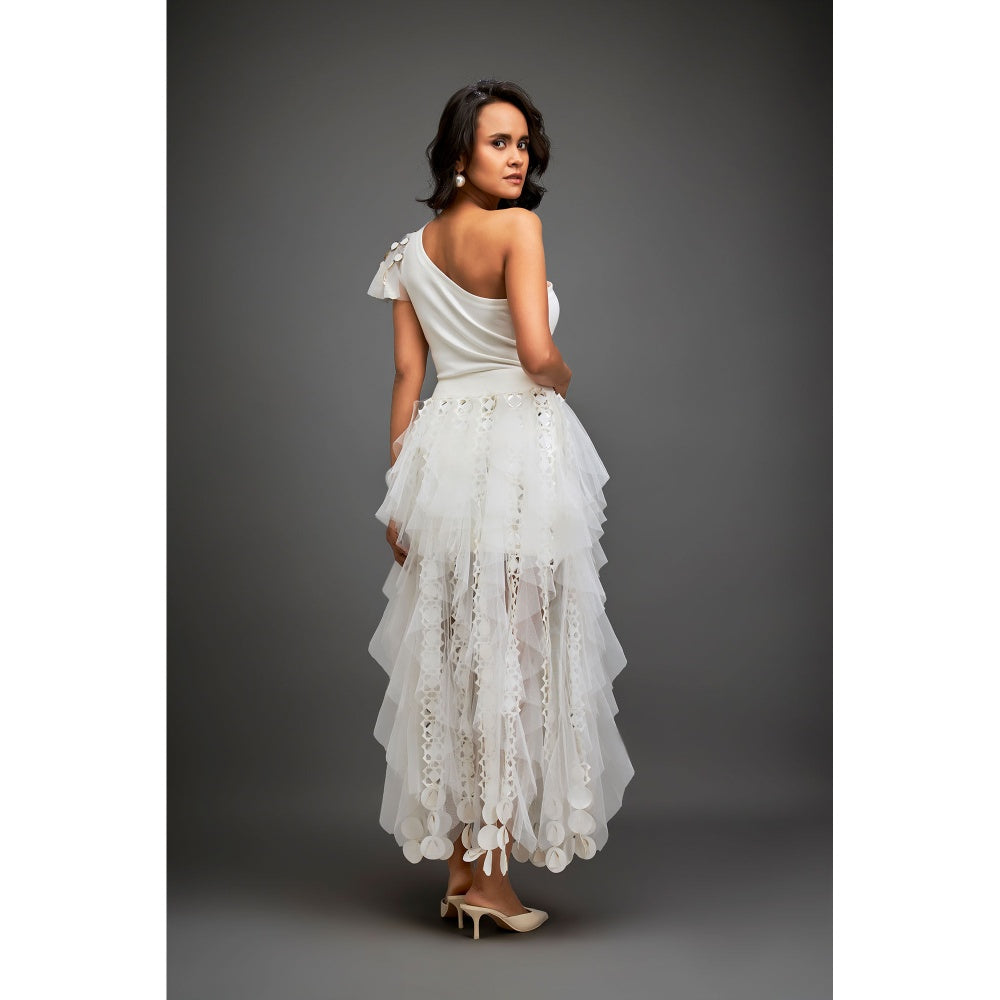 Deepika Arora Womens Self Design White Skirt With Inner (Set of 2)