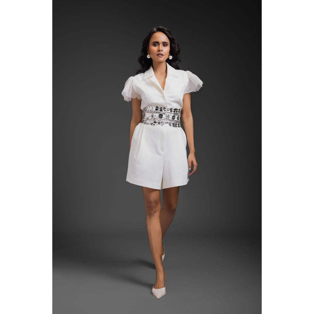 Deepika Arora White Chic Embellished Playsuit and Belt (Set of 2)