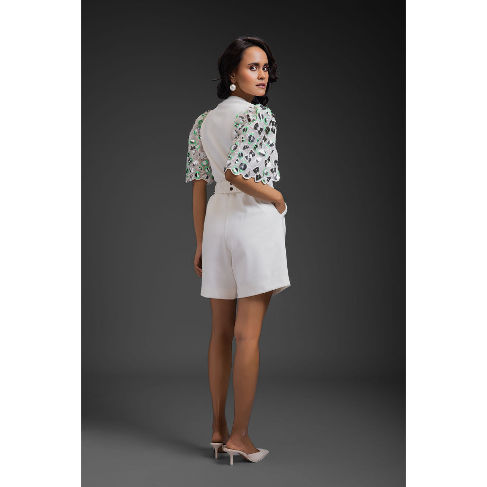 Deepika Arora White Chic Embellished Playsuit and Belt (Set of 2)