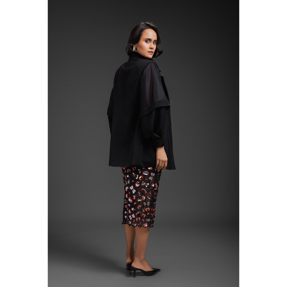 Deepika Arora Womens Black Bustier Blazer with Skirt and Inner Skirt (Set of 4)