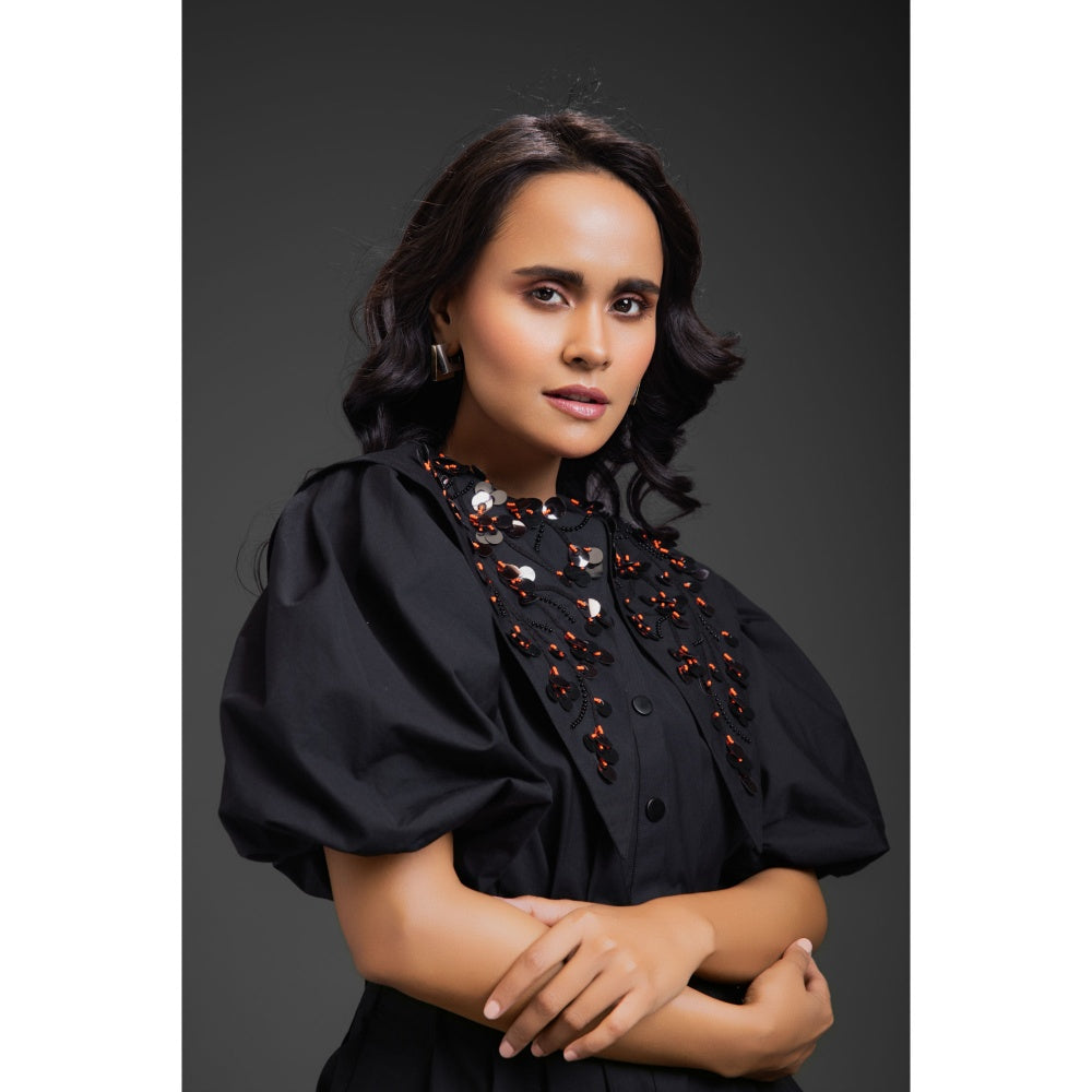 Deepika Arora Womens Black Puff Sleeve Dress