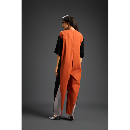 Deepika Arora Rust Colorblock Metallic Panels with Relaxed Fit Jumpsuit