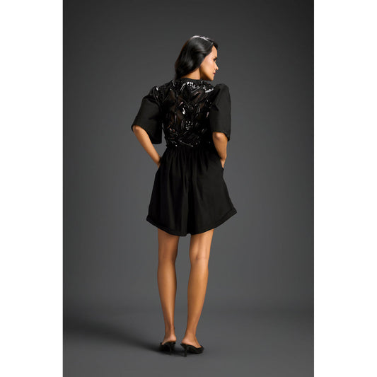 Deepika Arora Black V-Neck Flared Hem with Floral & Glossy Leaf Embellished Playsuit