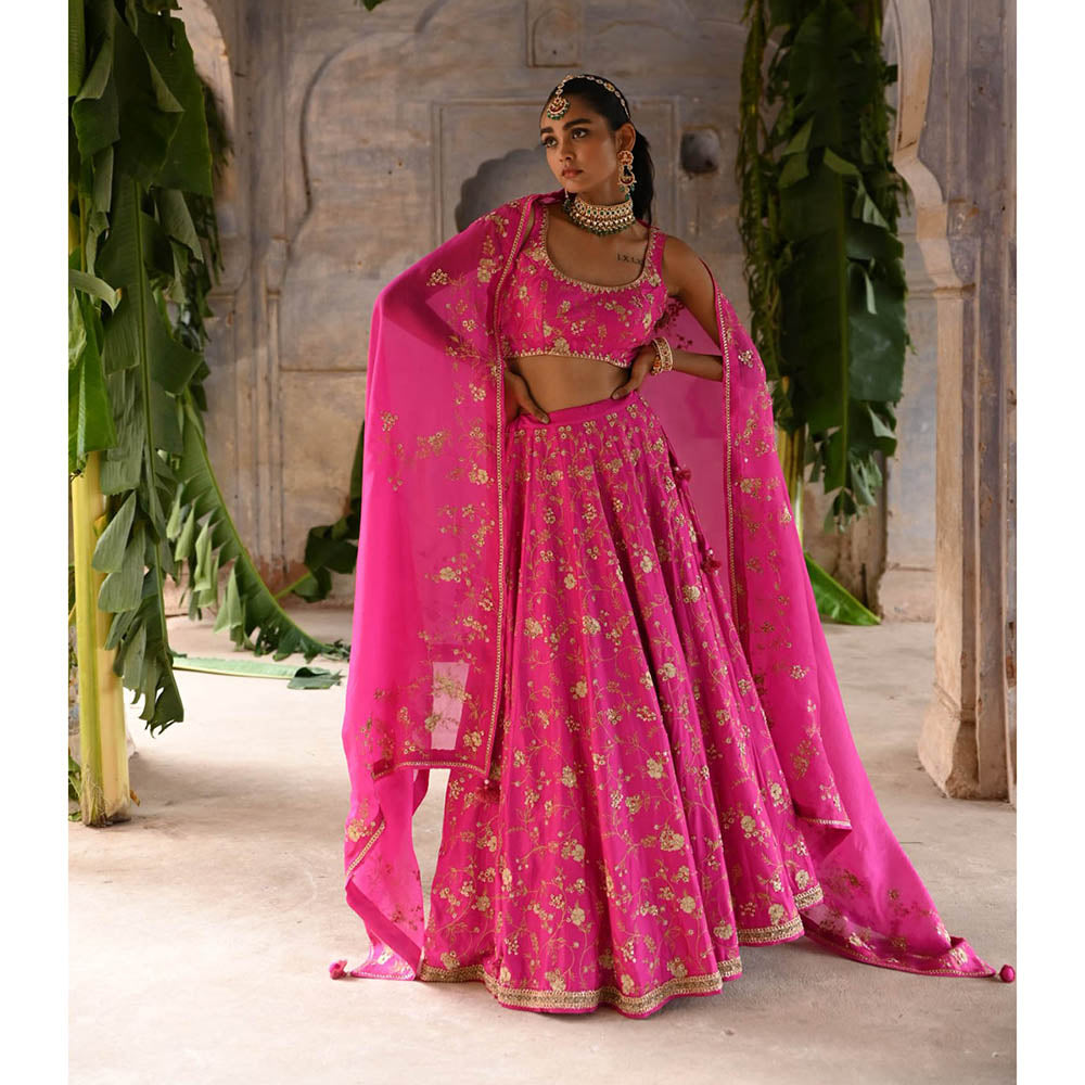 DEEPTHEE Fuchsia Pink Hand Embroidered Lehenga (Set of 3)