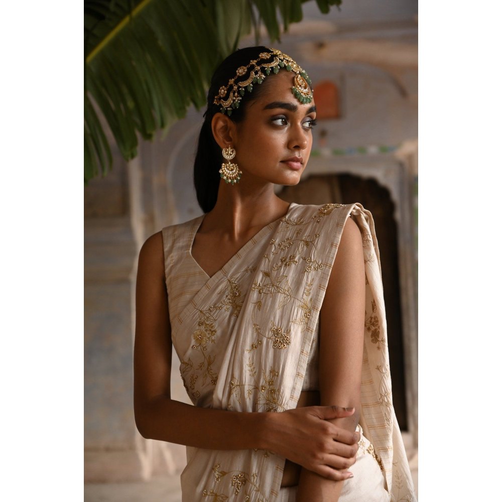 DEEPTHEE Ivory Silk Saree with Stitched Blouse