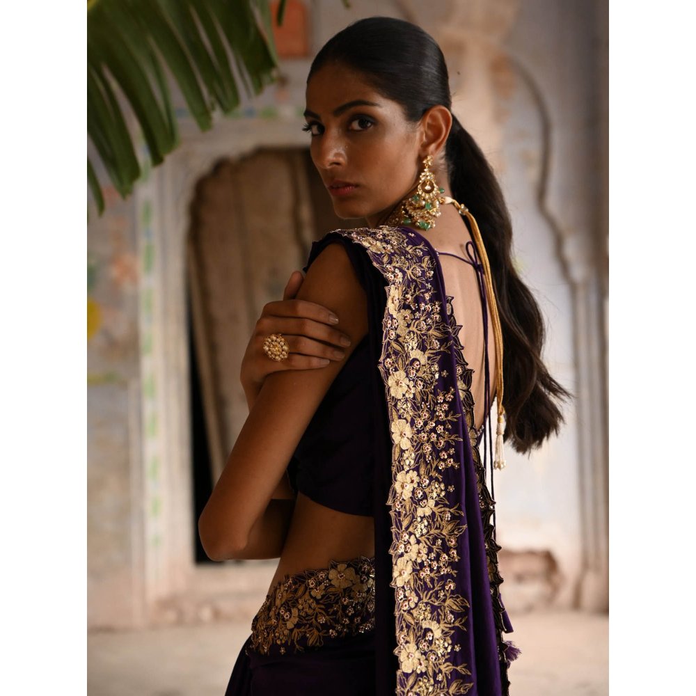 DEEPTHEE Aubergine Saree with Stitched Blouse