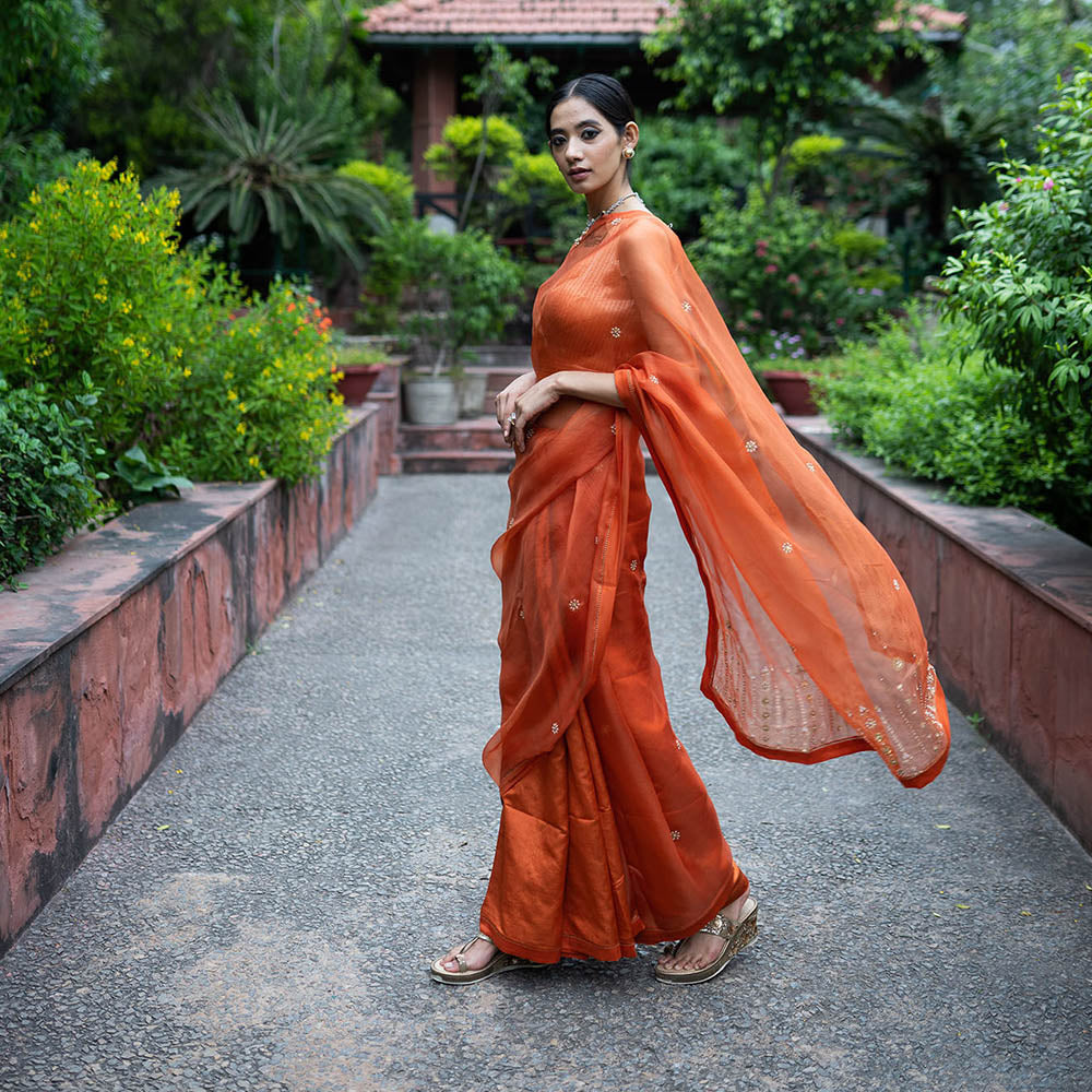 DEEPTHEE Rust Orange Embellished Saree with Stitched Blouse