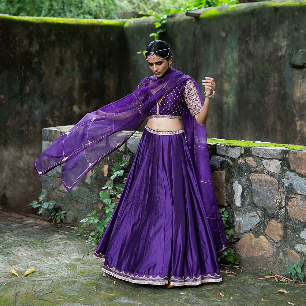 DEEPTHEE Purple Hand Embroidered Kalli Lehenga Set (Set of 3)