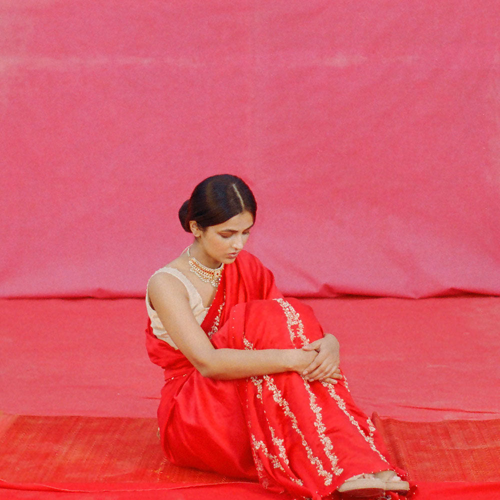 DEEPTHEE Red Hand Embellished Saree with Stitched Blouse