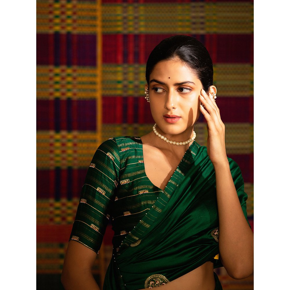 DEEPTHEE Haritah Green Mandala Hand Embellished Silk Saree with Stitched Blouse