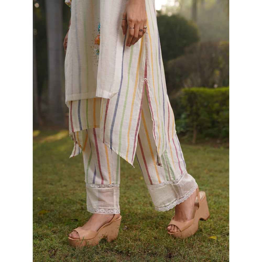 Dhaari by Deepika Handwoven Striped Cotton Silk Pants with Kantha Embroidery