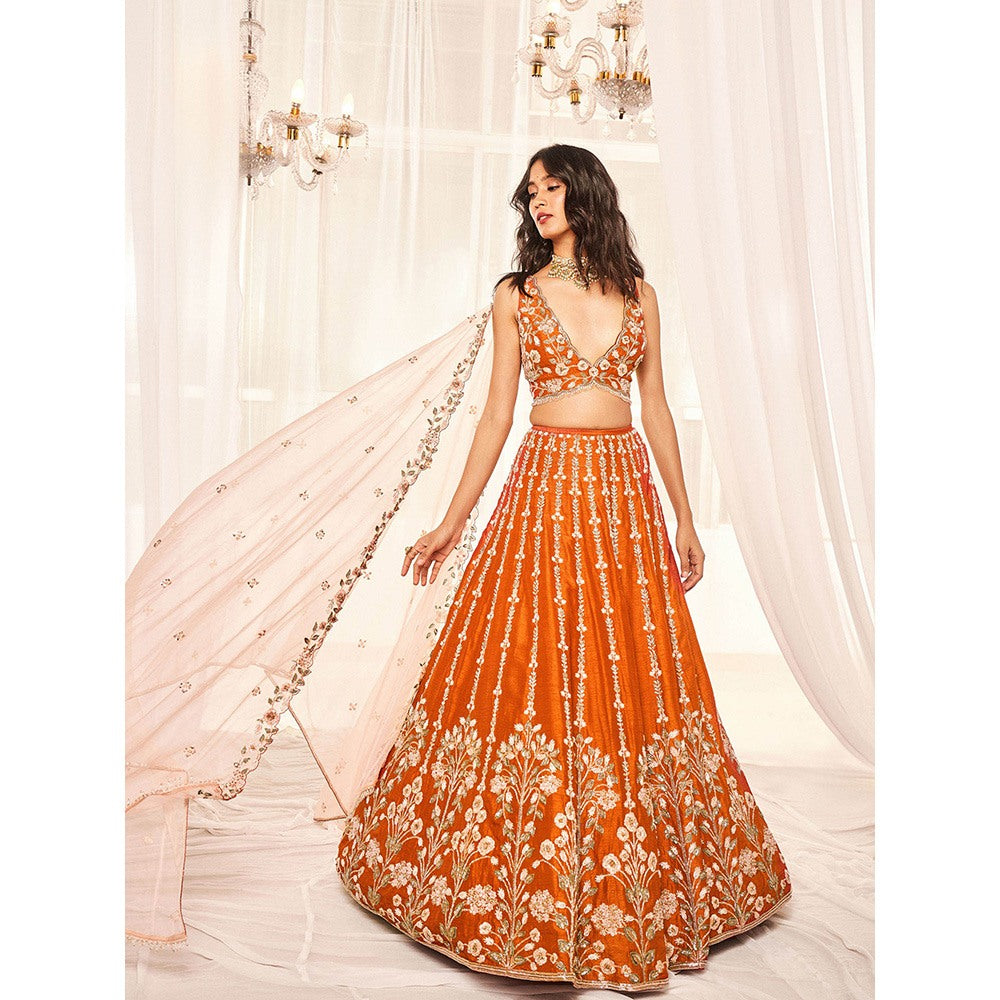 DISHA MUCHHALA Burnt Orange Bridal Lehenga with Blouse and Dupatta (Set of 3)