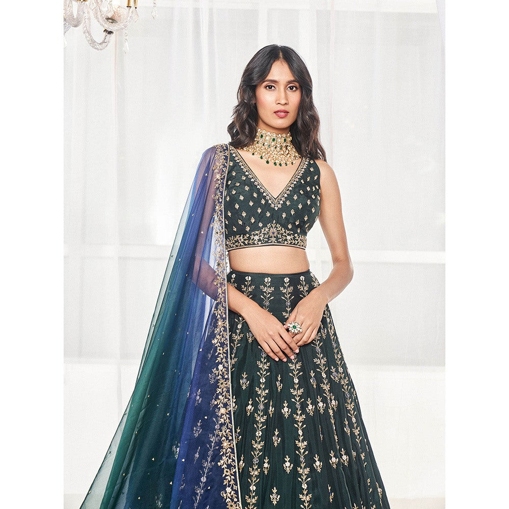 DISHA MUCHHALA Bottle Green Bridal Lehenga with Blouse and Dupatta (Set of 3)