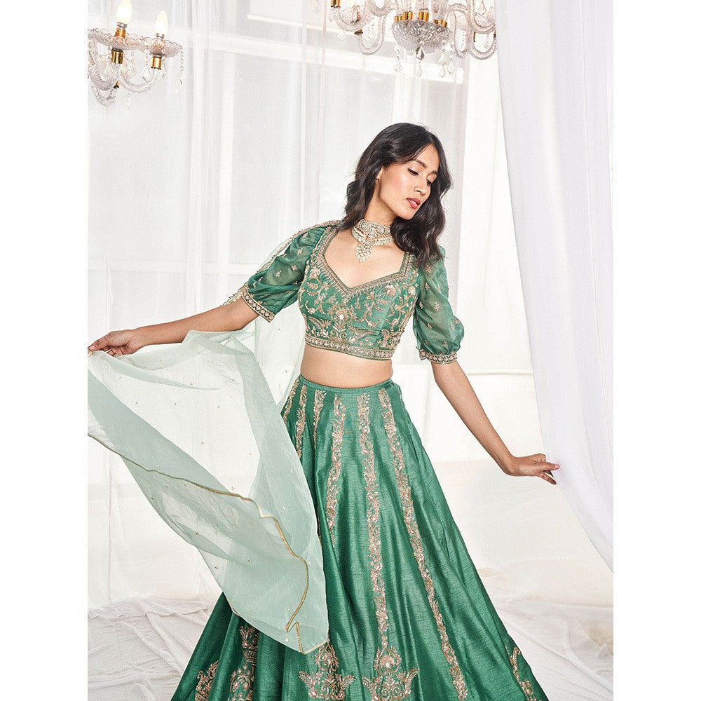 DISHA MUCHHALA Teal Green Bridal Lehenga with Blouse and Dupatta (Set of 3)