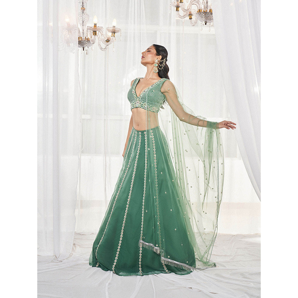 DISHA MUCHHALA Teal Green Lehenga with Blouse and Dupatta (Set of 3)