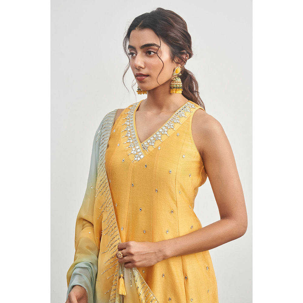 DISHA MUCHHALA Yellow Kalidar Embellished Kurta with Palazzo and Dupatta (Set of 3)