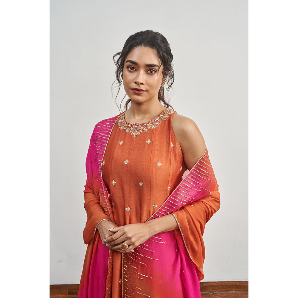 DISHA MUCHHALA Burnt Rust Kalidar Embellished Kurta with Palazzo and Dupatta (Set of 3)