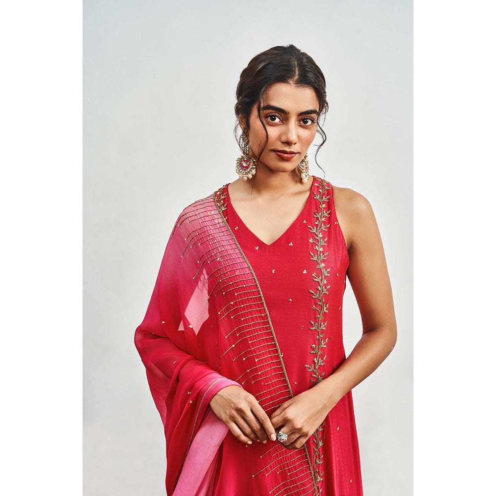 DISHA MUCHHALA Crimson Pink Kalidar Embellished Kurta with Palazzo and Dupatta (Set of 3)