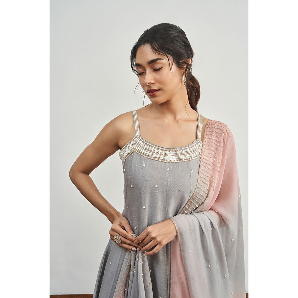 DISHA MUCHHALA Grey Kalidar Embellished Kurta with Palazzo and Dupatta (Set of 3)
