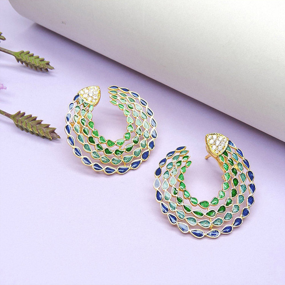 Divino Green 7 Blue Peacock Feathers Earrings