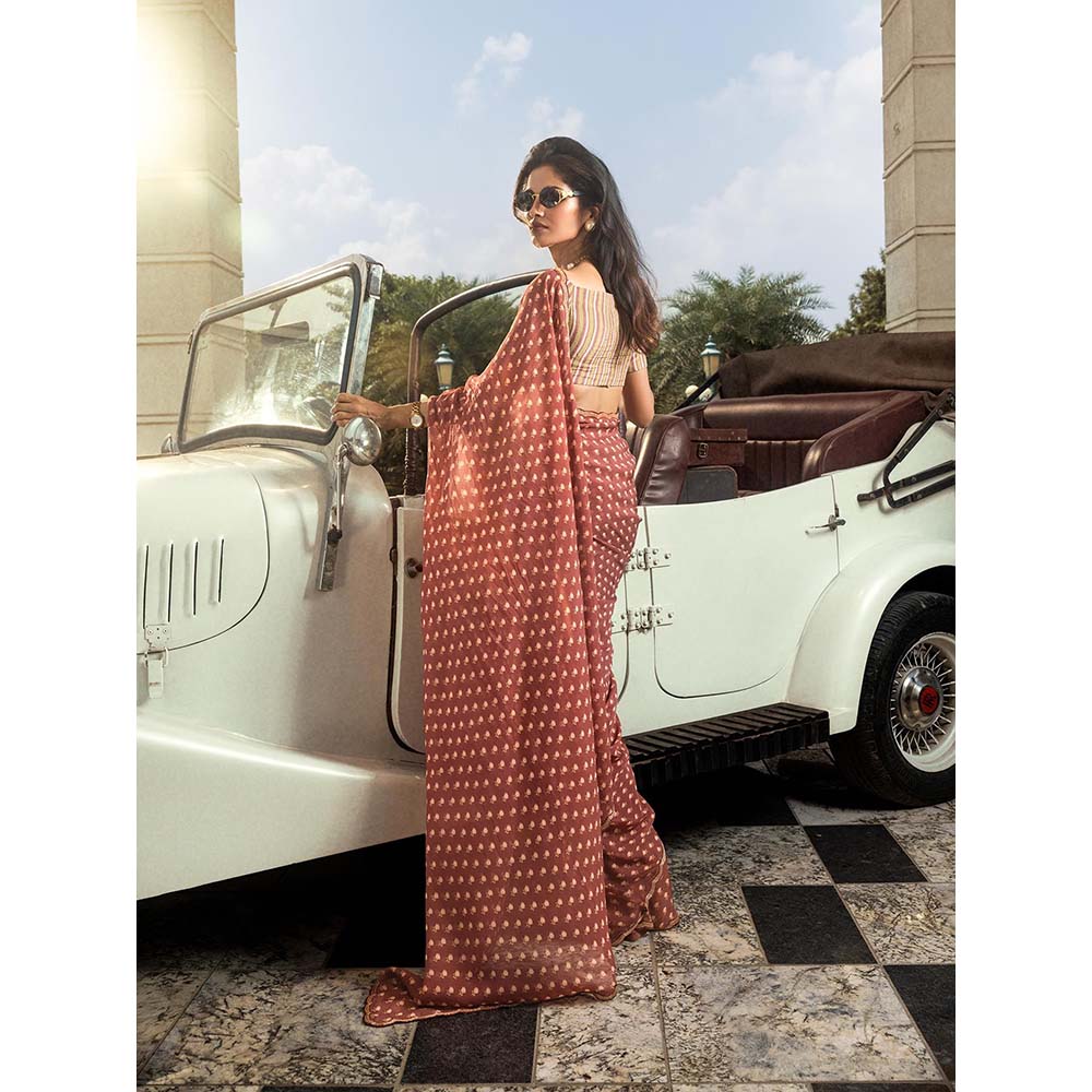 DOHR INDIA Adah Maroon Floral Printed Organza Saree with Unstitched Blouse