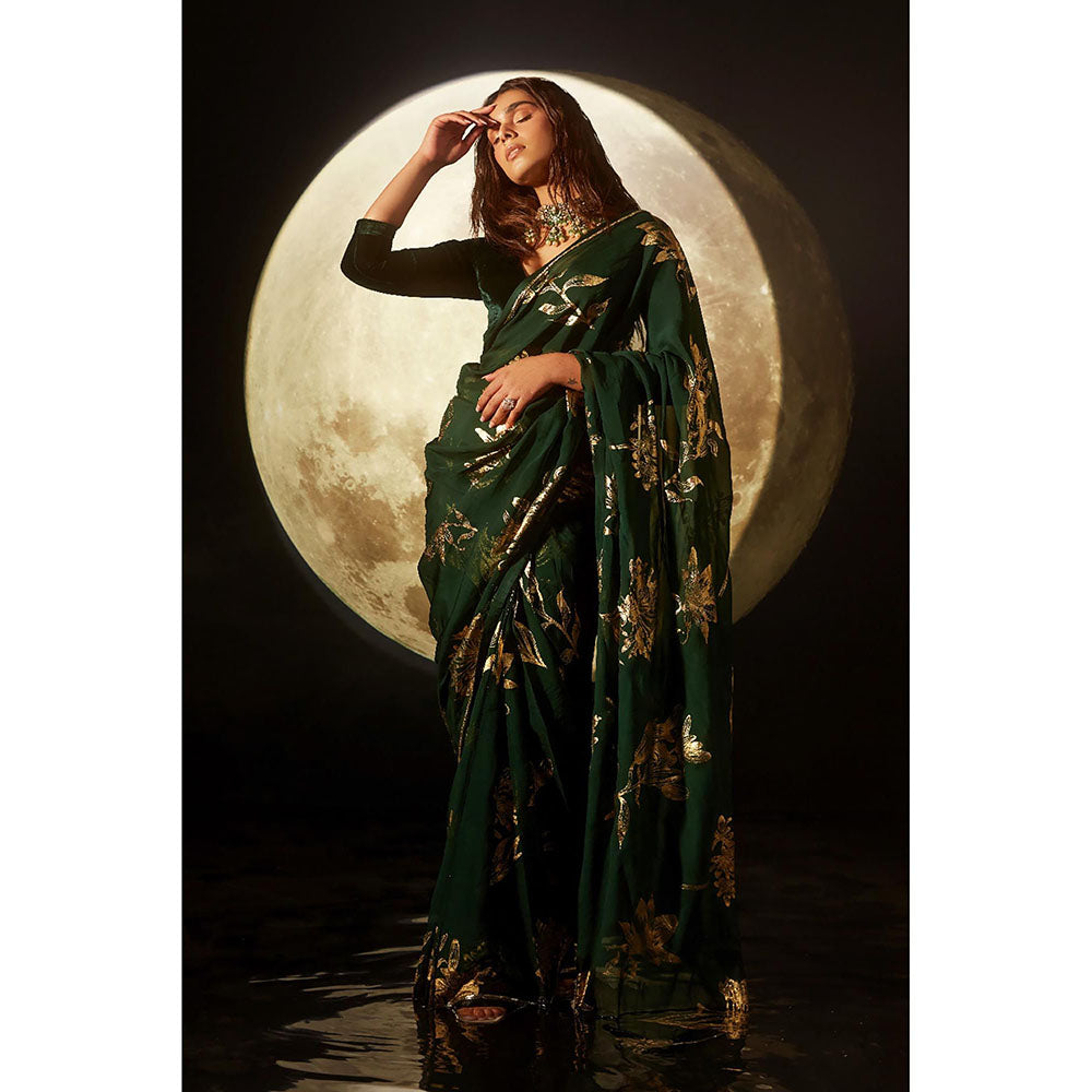 DOHR INDIA Alizeh Green Floral Foil Printed Organza Saree with Unstitched Blouse