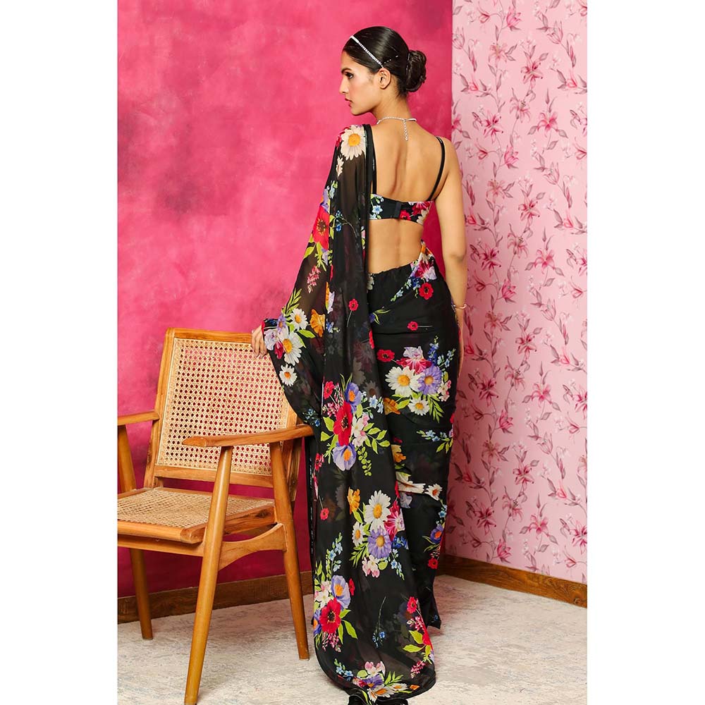 DOHR INDIA Areeba Black Floral Printed Organza Saree with Unstitched Blouse