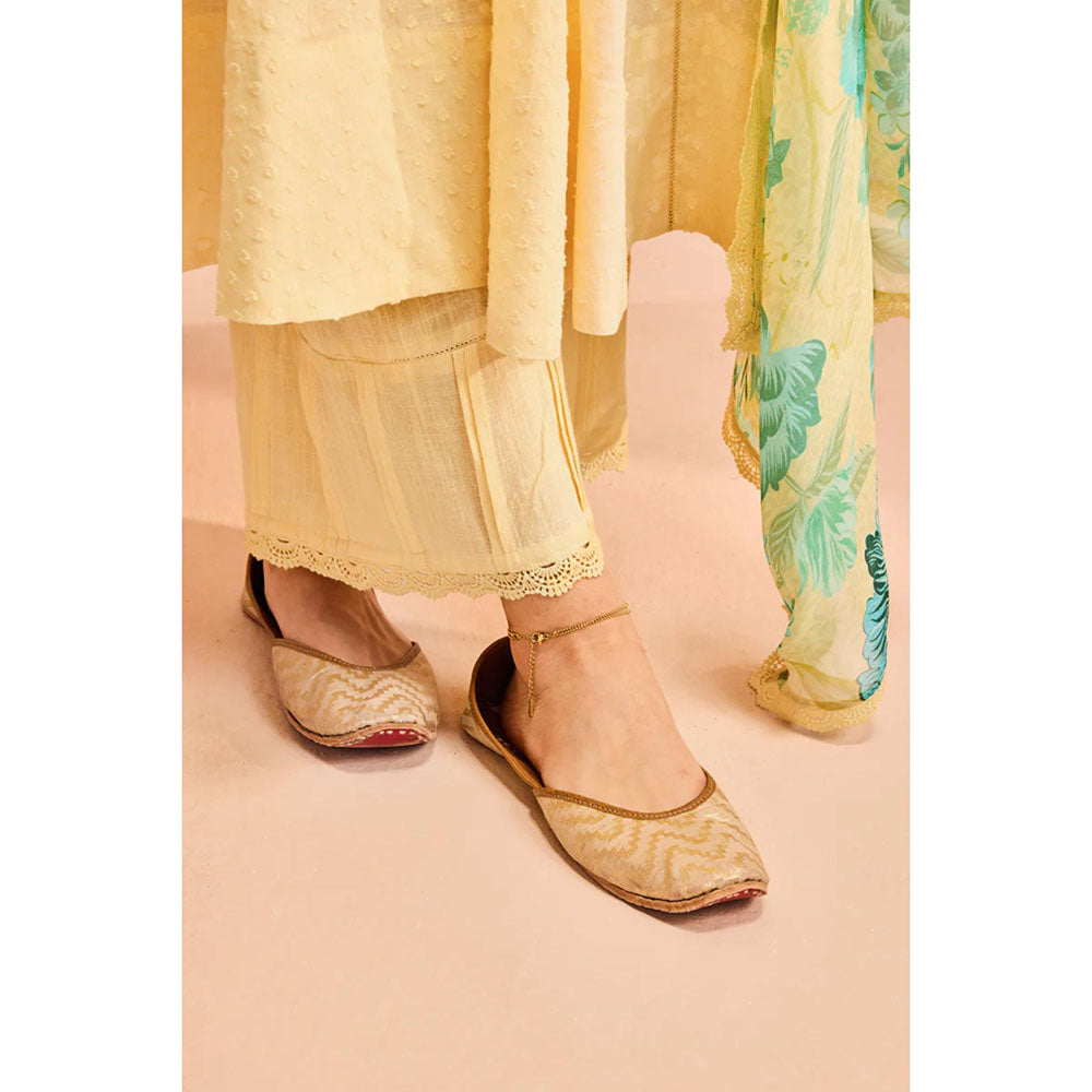 DOHR INDIA Sumana Yellow Cotton Slub Anarkali Kurta with Palazzo and Dupatta (Set of 3)