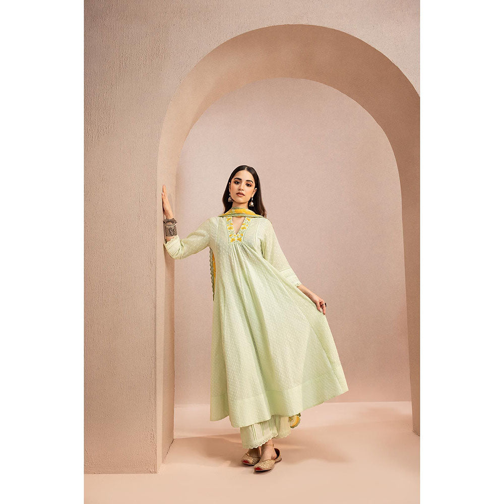 DOHR INDIA Sumana Green Cotton Slub Anarkali Kurta with Palazzo and Dupatta (Set of 3)