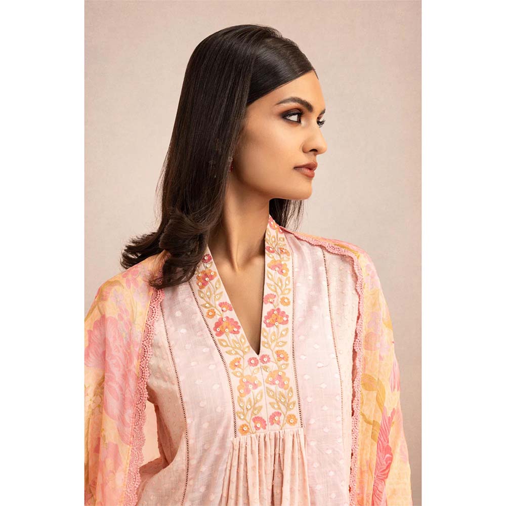 DOHR INDIA Sumana Pink Cotton Slub Jacquard Anarkali Kurta with Palazzo and Dupatta (Set of 3)
