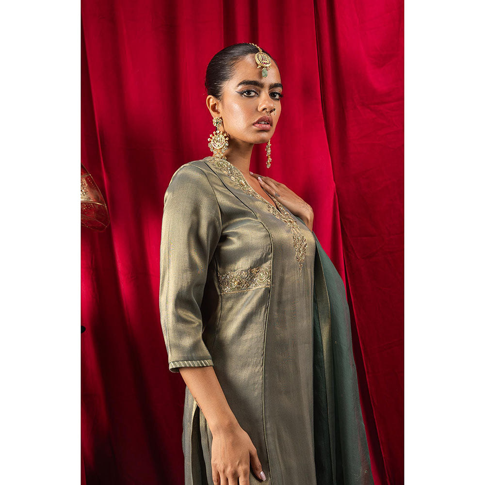 DOHR INDIA Sumira Dark Green Tissue Kurta with Pant and Dupatta (Set of 3)
