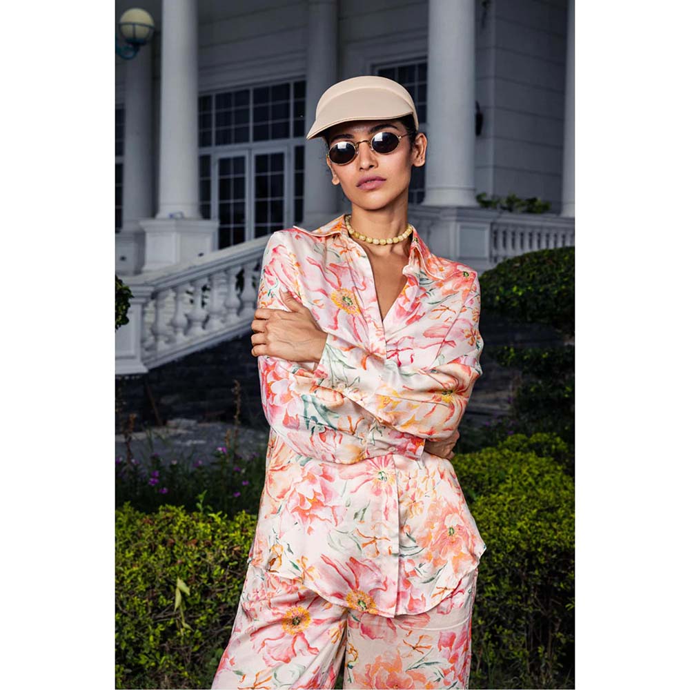 DOHR INDIA Carla Pink Floral Printed Satin Co-Ord (Set of 2)