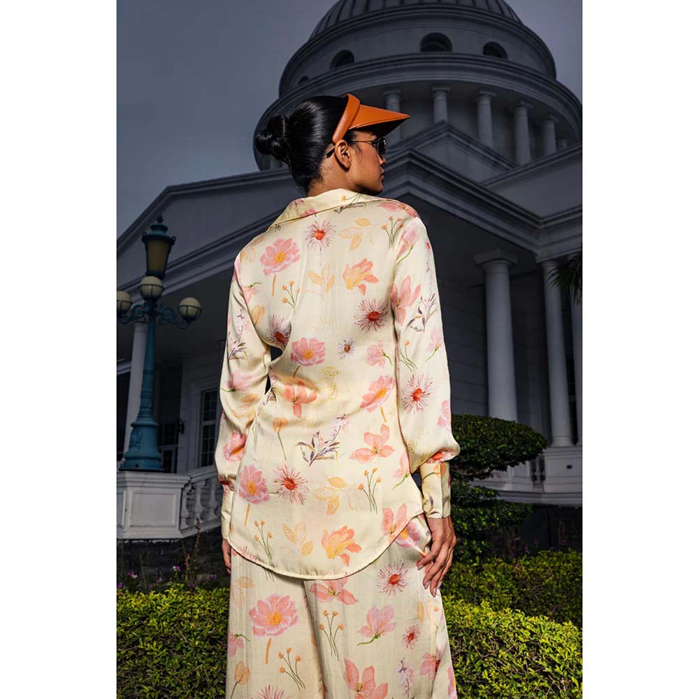 DOHR INDIA Stella Yellow Floral Printed Satin Co-Ord (Set of 2)