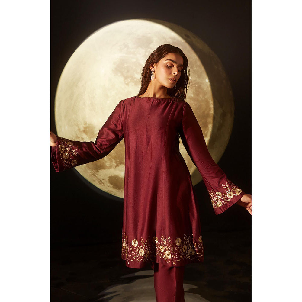 DOHR INDIA Inayat Maroon Silk Chanderi A-Line Kurta With pant and Velvet Dupatta (Set of 3)