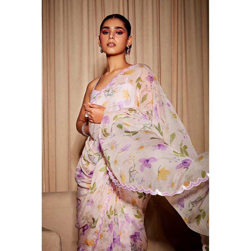 DOHR INDIA Alina Off White Floral Printed Organza Saree with Unstitched Blouse