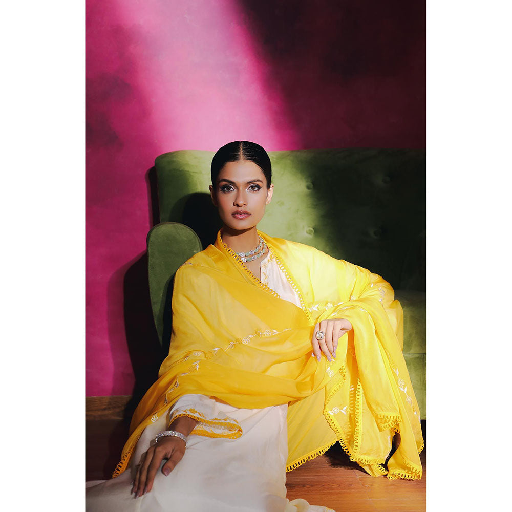 DOHR INDIA Nargis Off White Silk Chanderi A-Line Kurta with Pant and Dupatta (Set of 3)