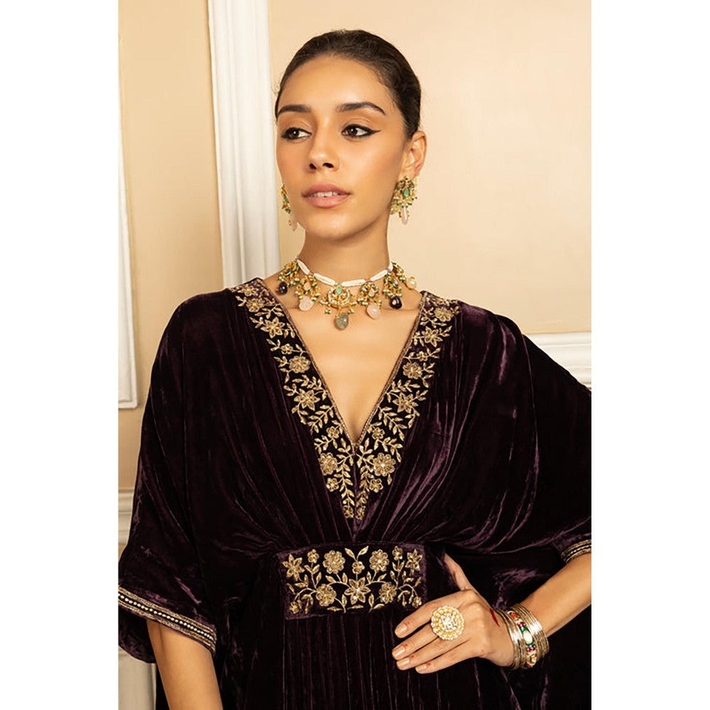 DOHR INDIA Gulzar Purple Handcrafted Silk Velvet Kaftan Dress