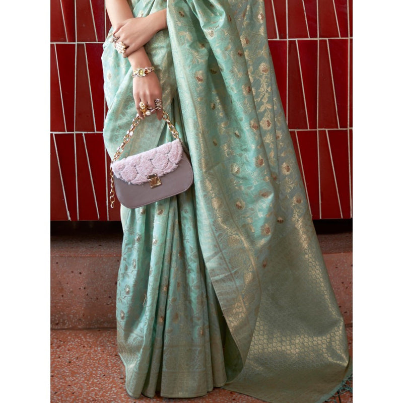 Dress & Dazzle Mint Green Banarasi Silk Saree with Unstitched Blouse