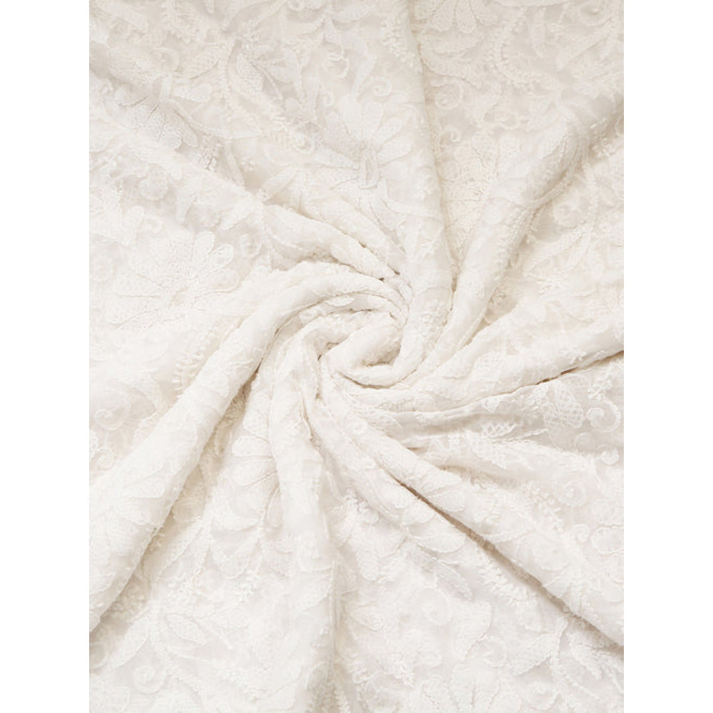 Dress & Dazzle White Lucknowi Cotton Embroidered Saree with Unstitched Blouse