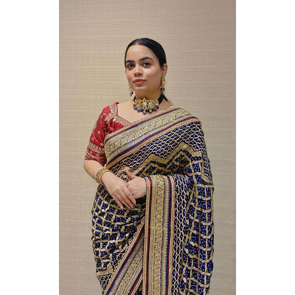 Dress & Dazzle Navy Blue Khadi Georgette Bandhani Saree - Free Size with Unstitched